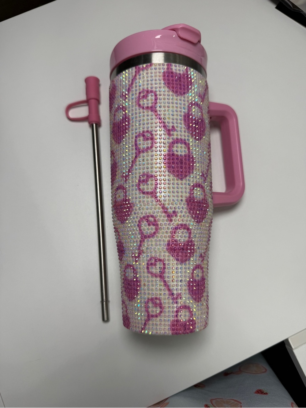 40oz Pink Rhinestone Lock & Key Hearts Insulated Tumbler w/ Handle & Straw